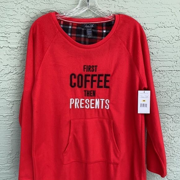 Rene Rofe Sleepwear NWT Sz M Red Fleece Nightshirt With Kangaroo Pocket - Picture 8 of 12